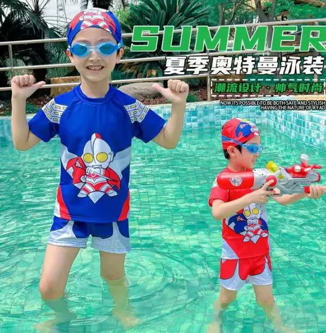 男童分体泳衣裤卡通运动风宝宝中小童奥特曼衣服速干夏季泳装套装