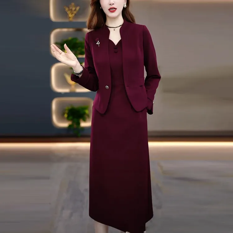 斜纹精纺轻奢套装裙2025秋季新款名媛洋气质酒红色两件套连衣裙子