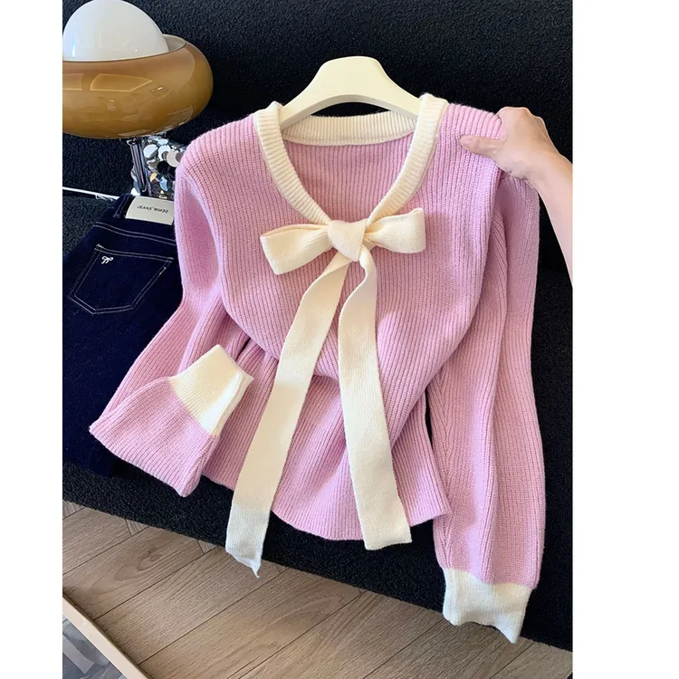 韩系撞色蝴蝶结系带套头毛衣女秋季设计感软糯甜美长袖针织衫上衣