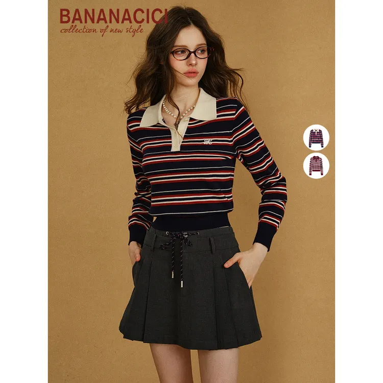 BANANA CICI2025年秋季新款美式复古多巴胺条纹长袖polo针织衫