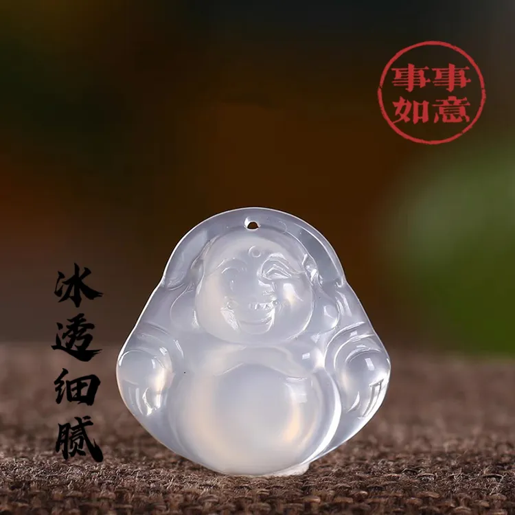 天然冰透玛瑙玉髓弥勒佛公吊坠大肚笑佛新中式时尚百搭玉吊坠项链