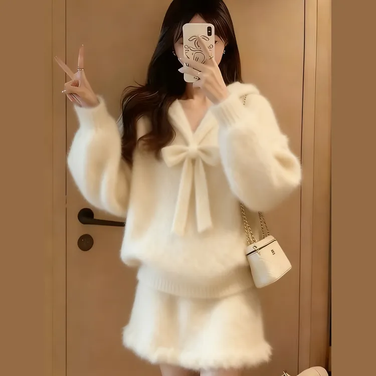 韩系绝美小套装冬装女2026超火独特漂亮超好看针织毛衣短裙两件套