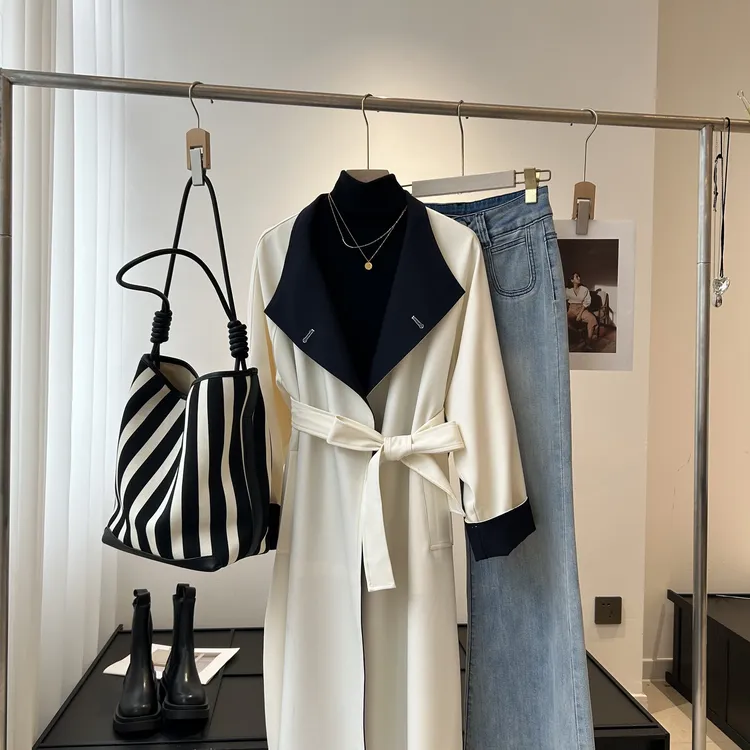 韩系时髦！优雅气质 通勤百搭翻领撞色长款风衣宽松外套