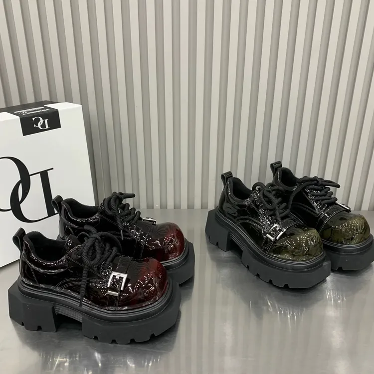 广州欧货【镜面】新款真皮圆头7cm系带英伦风厚底洋气乐福鞋