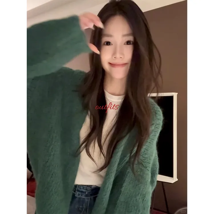 秋冬慵懒风韩系宽松百搭软糯针织开衫长袖上衣直筒修身牛仔阔腿裤