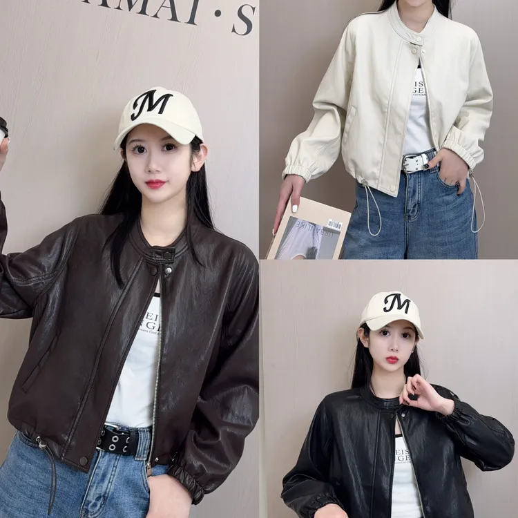 秋季薄款新款短款常规圆领皮衣秋百搭立领长袖韩版时尚水洗
