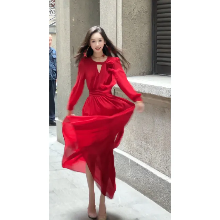 JM【玫瑰枳影】轻奢高级感红色连衣裙女小众长裙飘逸裙子长款