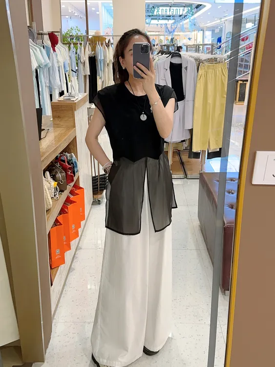 【VV FUSHI】T25063001夏季韩系高级感黑色衬衫高腰阔腿裤两件套