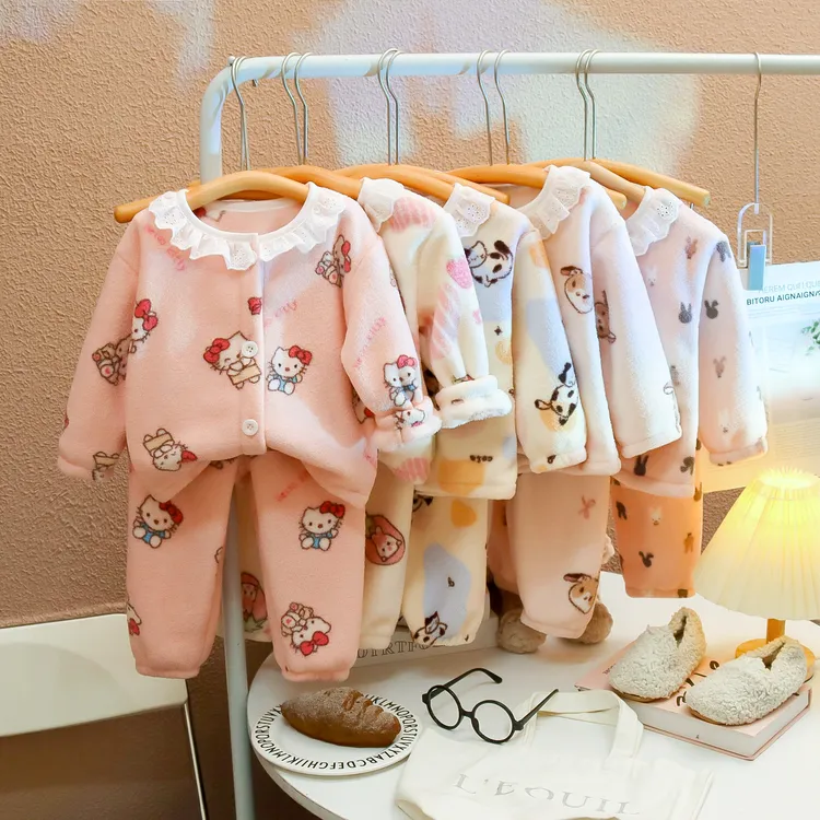 秋冬季儿童家居服套装加绒卡通小男童女童睡衣男孩女孩法兰绒保暖