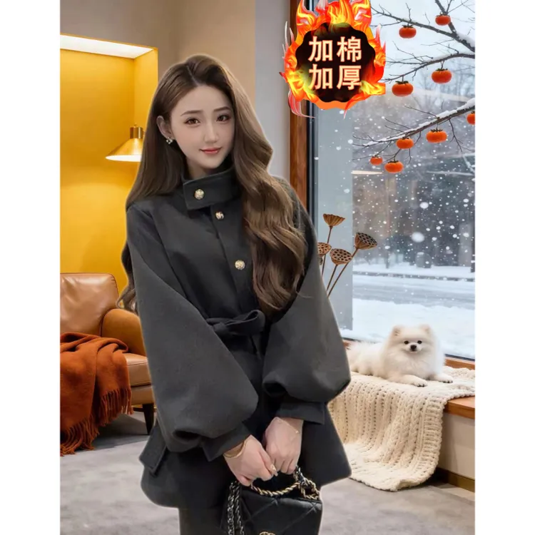 韩系加棉加厚立领中长款秋冬气质百搭毛呢外套小个子时尚洋气