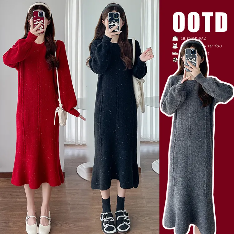 孕妇连衣裙2025秋冬新款时尚针织鱼尾长裙撒金荷叶边下摆毛衣裙