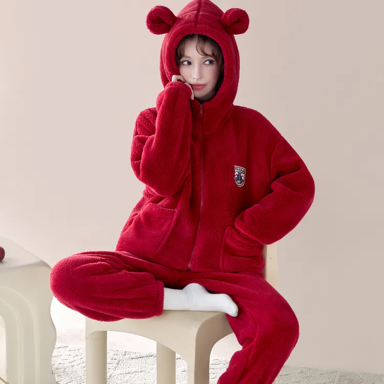 【柔软舒适】雪花绒可外穿法兰绒家居服睡衣连帽加绒加厚套装女