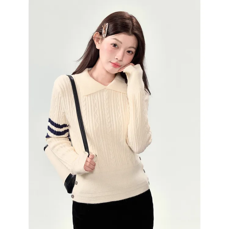 溪溪靓衫 翻领针织衫女上衣2025新款秋季麻花套头学院风毛衣