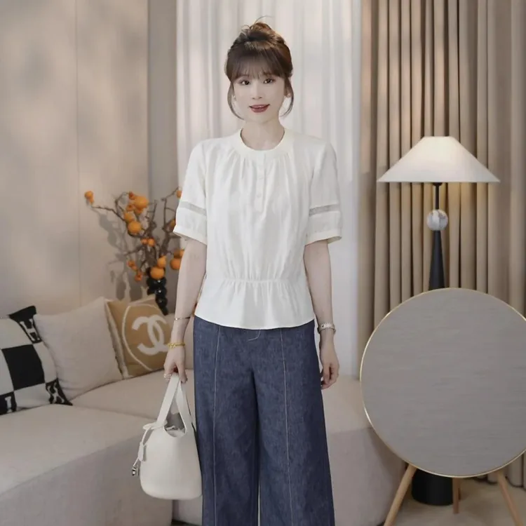 悠悠夏日~含亚麻圆领半纽扣薄款气质显瘦百搭小衫短袖洋气减龄T恤