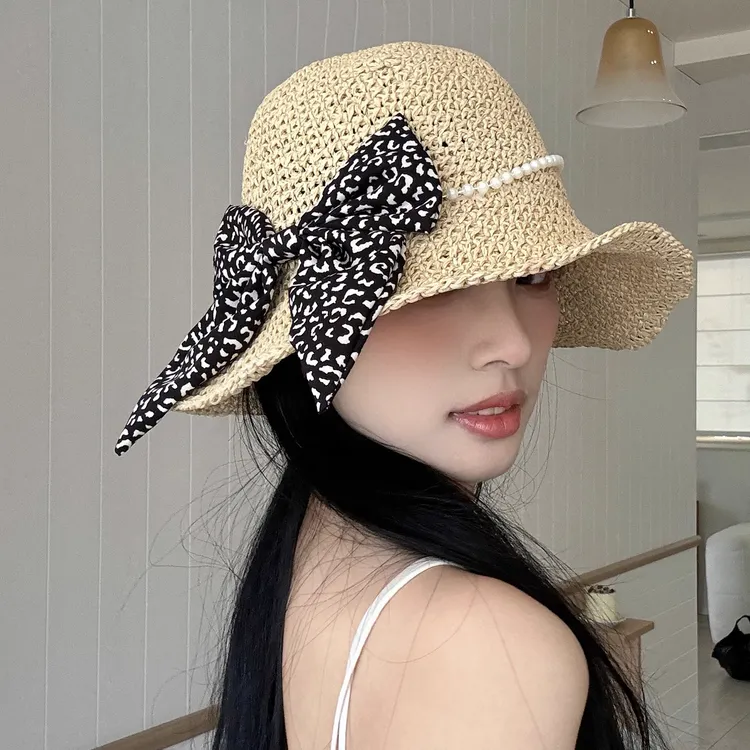 法式珍珠草帽女夏季出游海边度假遮阳帽碎花蝴蝶结草编防晒太阳帽