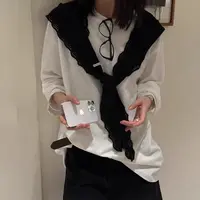 Nalian/拿恋豆子优选-百搭T恤配花边披肩纯色宽松长袖套装DZ98739