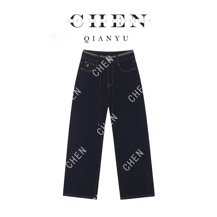 【陈陈私服】时尚休闲设计感百搭垂感直筒裤黑金裤牛仔裤25101807