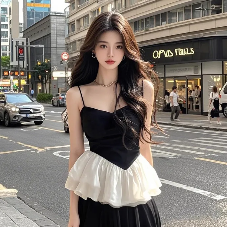 辣妹纯欲风网纱拼接吊带背心裙夏季穿搭小个子显瘦性感无袖上衣女