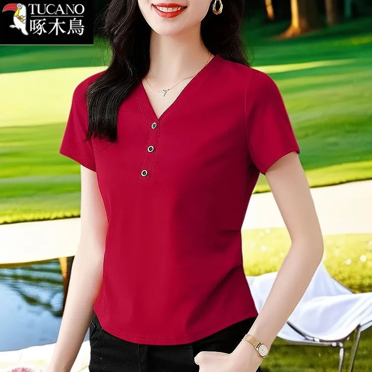 啄木鸟夏季短袖遮肚显瘦T恤2025年新款女士气质高级感夏装V领上衣