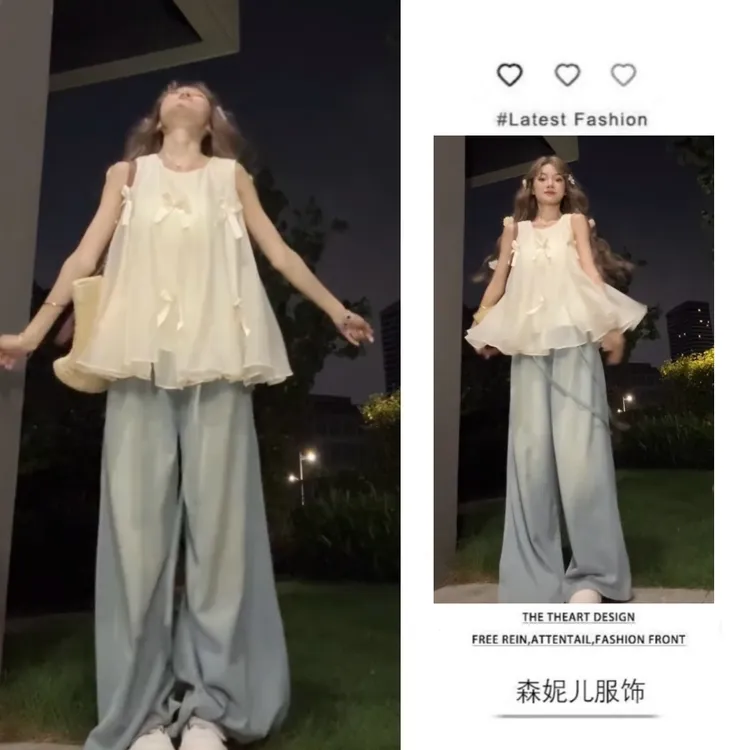 2025年夏季新款韩系穿搭减龄蝴蝶结无袖上衣女百搭牛仔裤两件套装