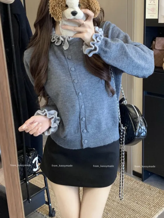 韩系慵懒风木耳边针织开衫外套女款2025新款秋冬外搭长袖百搭上衣