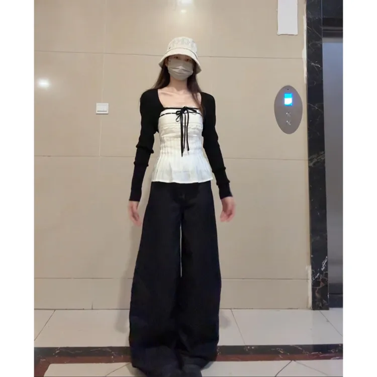 MARIE.COCO秋季新款黑色系带披肩抹胸背心上衣阔腿休闲裤两件套