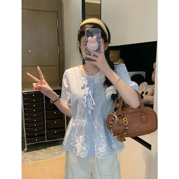 法式甜美蝴蝶结系带短袖衬衫女夏季2025新款别致蕾丝拼接圆领上衣
