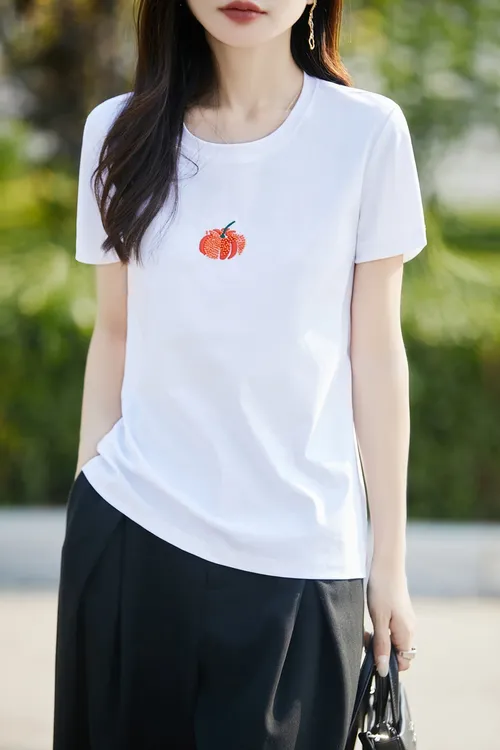 简约风绣花圆领T恤女2025夏季新款气质通勤短袖舒适休闲上衣百搭