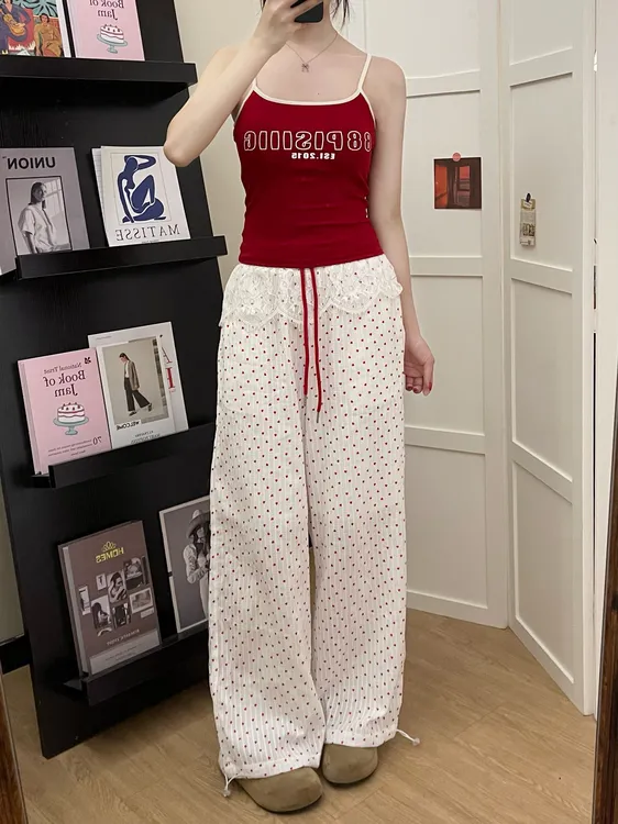 【DMXJ大梦想家】韩版可爱波点睡裤女装夏季新款蕾丝花边阔腿家居裤