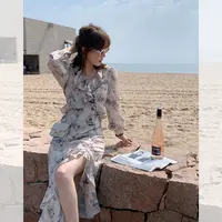 【雾里看花系列】国风荷叶领连衣裙女/扭结印花裙/半裙 QL223002