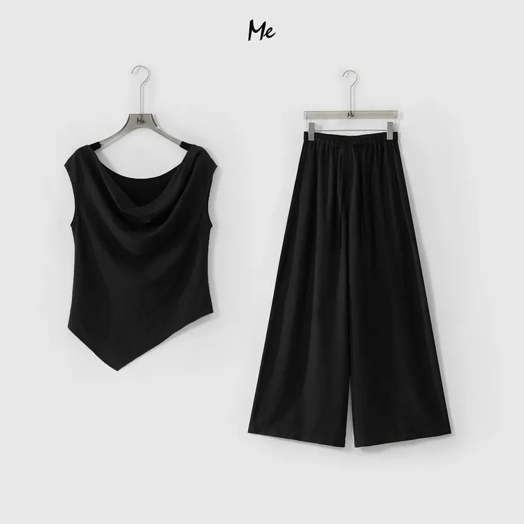 ME【斜裁荡领懒人套装】荡领斜裁显瘦舒适时尚百搭休闲套装MESS6547