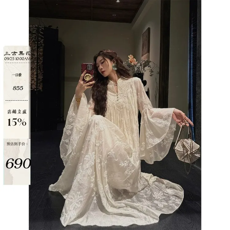 三吉黑花【云归山】新中式国风刺绣长袖连衣裙子早秋季立领长裙潮