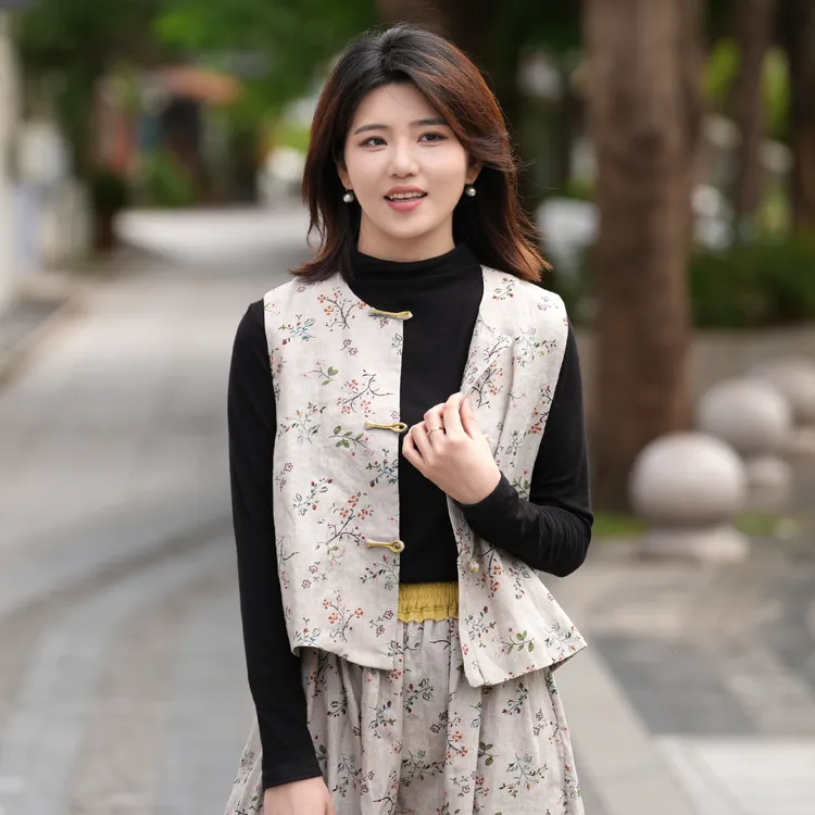 十五家2025新款亚麻印花新中式国风马甲碎花半身裙套装半裙松紧腰