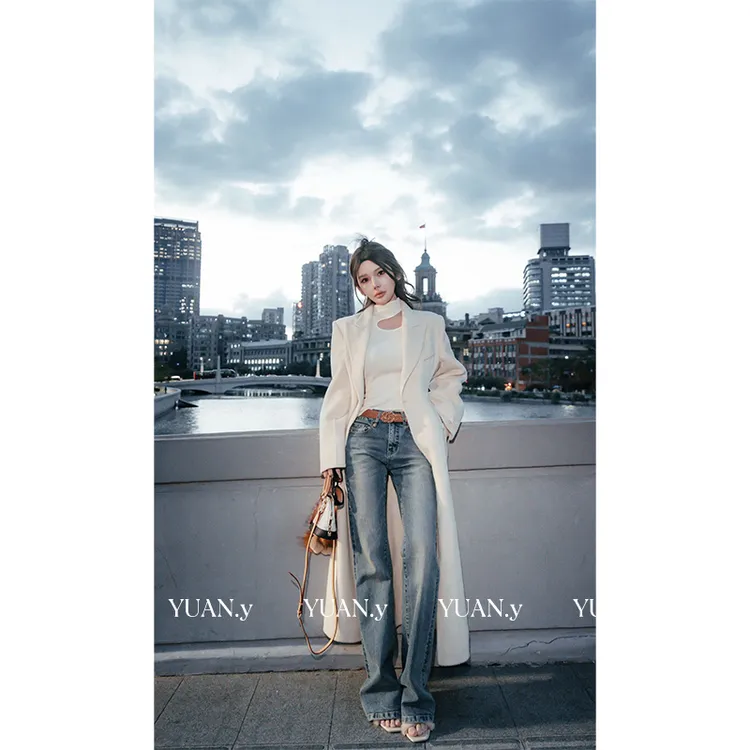 媛媛【行走爱丁堡】白色羊毛羊绒大衣女秋冬新款呢子外套#DY0163