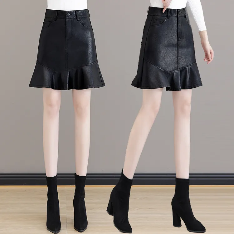 黑色PU皮半身裙女秋冬季2025年新款高腰职业休闲一步包臀小皮短裙