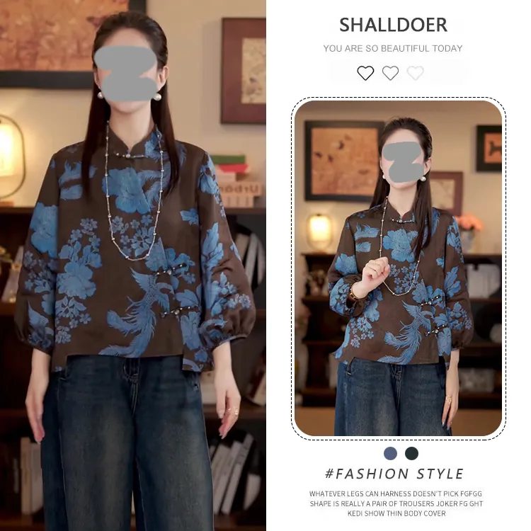 新中式国风立领盘扣长袖衬衫女2025春秋新款复古小众印花显瘦上衣