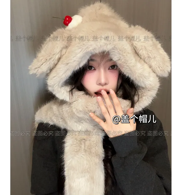 秋冬季可爱毛绒兔耳朵帽子女加厚保暖护耳大头围雷锋帽围脖一体
