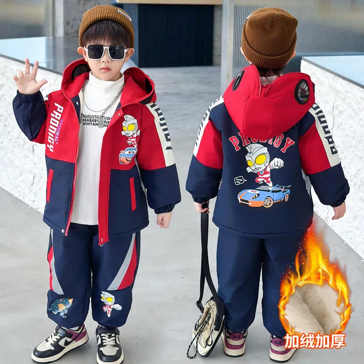 男童加绒套装2025新款宝宝冬装儿童冲锋衣加厚男孩帅气两件套潮