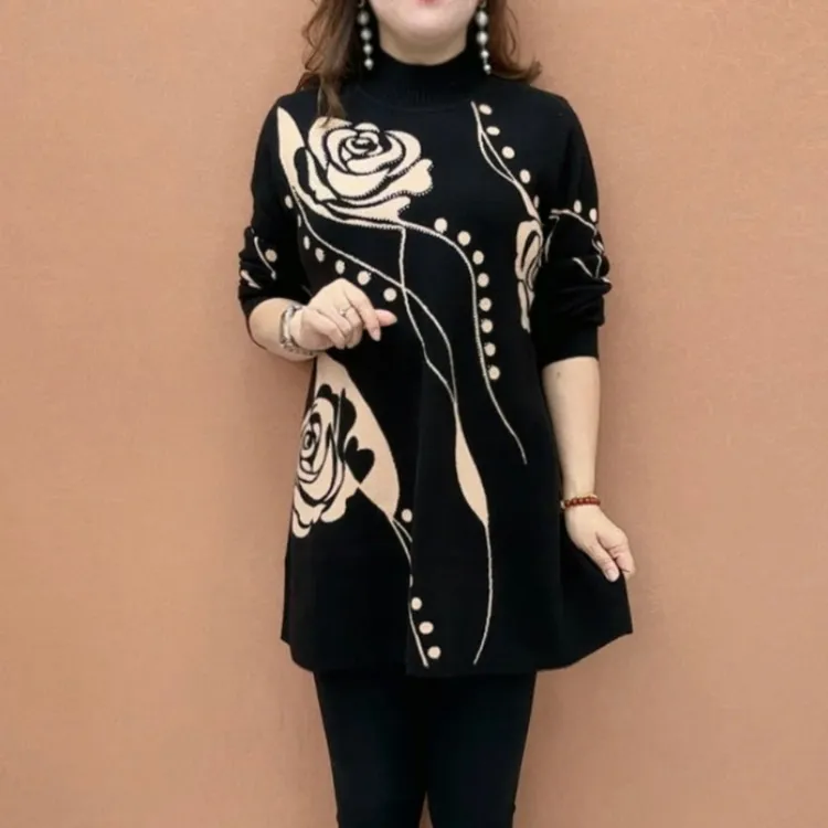 通勤时尚百搭妈妈装中长款气质高档针织衫秋冬季潮款显瘦女衫毛衣