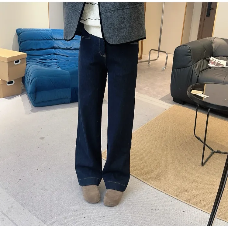 丹宁蓝加绒加厚四面弹窄版直筒十分牛仔裤显瘦 B25305