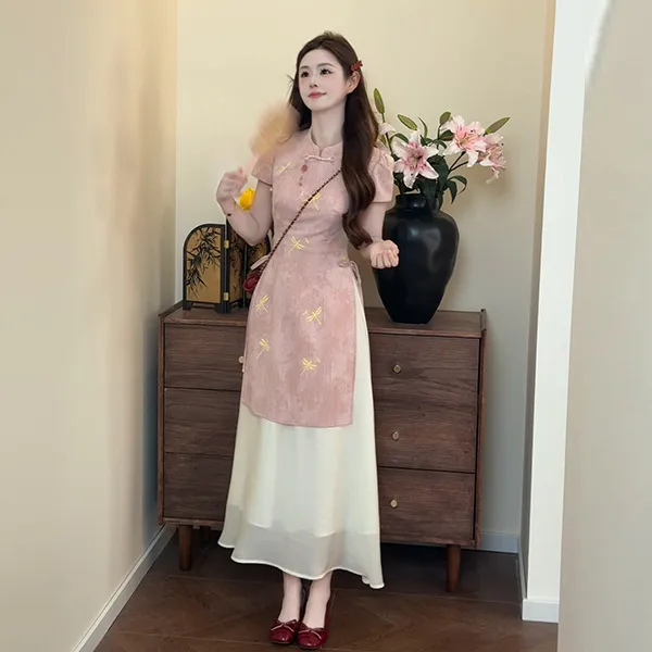 新中式印花假两件改良旗袍连衣裙夏季新款高端显瘦少女气质长裙子