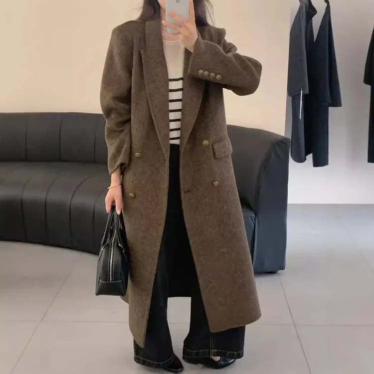 【梵高之夜】铜扣双排扣女高级感垫肩西装加长款韩系双面羊毛大衣