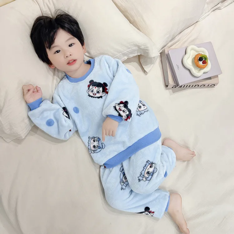 儿童睡衣男童法兰绒春秋冬款小男孩新款冬季珊瑚绒卡通哪吒家居服