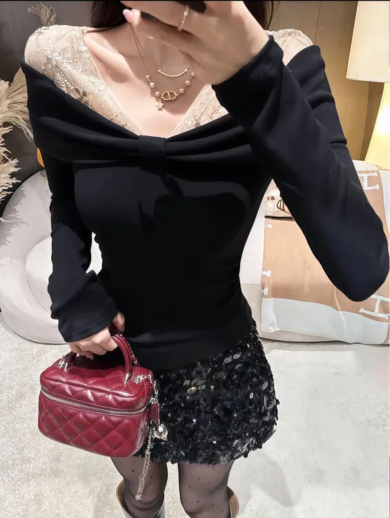 纯欲风性感气质拼接一字肩女秋冬新款百搭设计感修身显瘦打底T恤