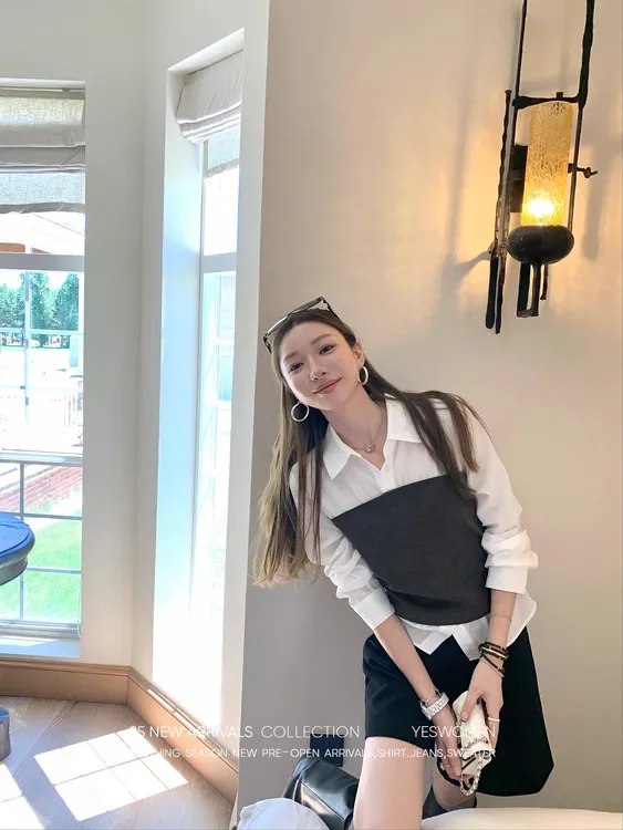 小宜定制 高智office lady·秋季新款蓝色假两件收腰长袖衬衫女