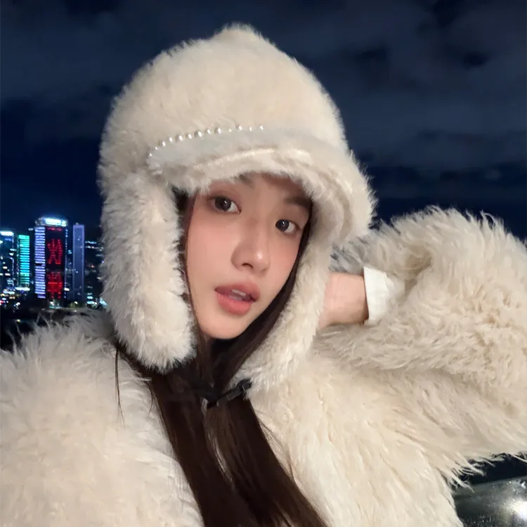 冬天帽子女款毛绒绒保暖雷锋帽护耳加厚包头帽珍珠链显脸小滑雪帽