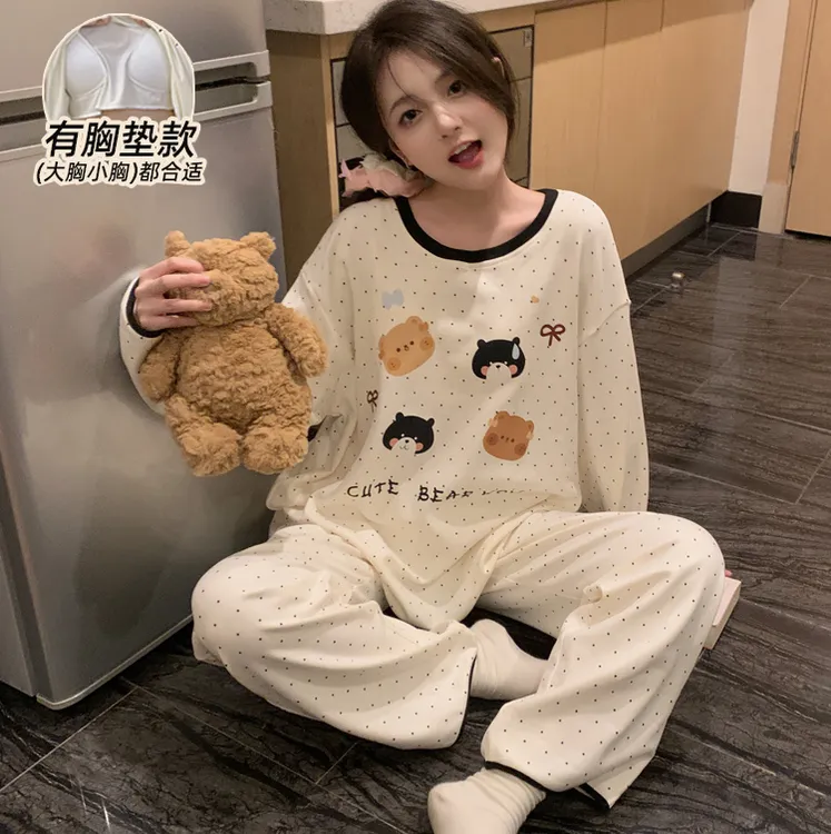 带胸垫新款睡衣女德绒长袖秋冬季波点小熊冬天加厚加绒套装家居服