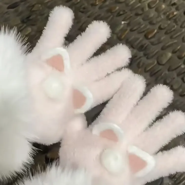 萌宠耳朵·原创可爱小猫毛绒兔子保暖手套女冬少女心礼物不触屏