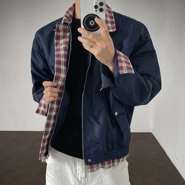 藏青色假两件短款外套男秋季格纹拼接哈林灵夹克美式复古工装上衣