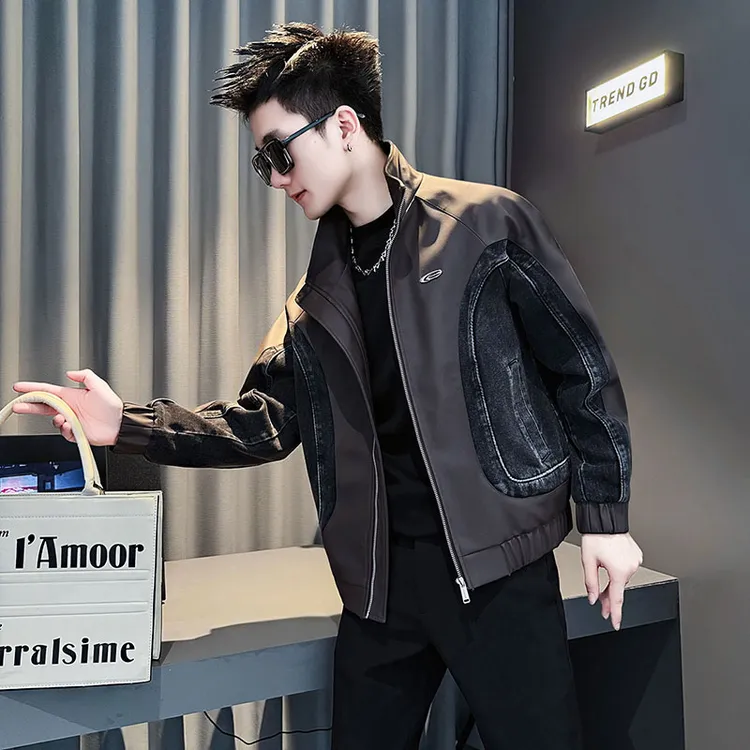 男士外套皮衣男款爆款2025新款男生衣服高级感牛仔拼接立领皮夹克